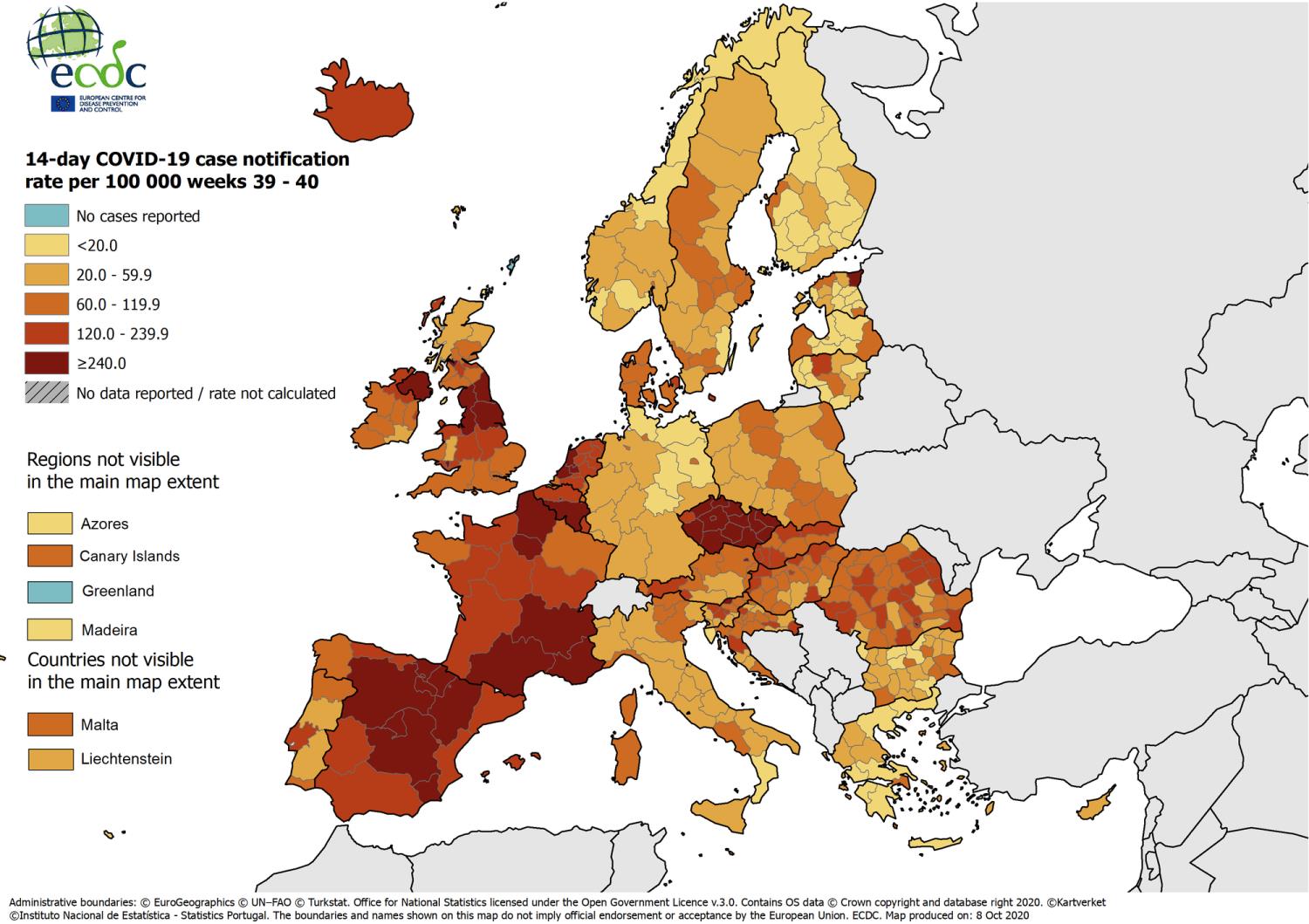 Mappa Europa Settimane 39 e 40 w39 40 COVID subnational Last 2week